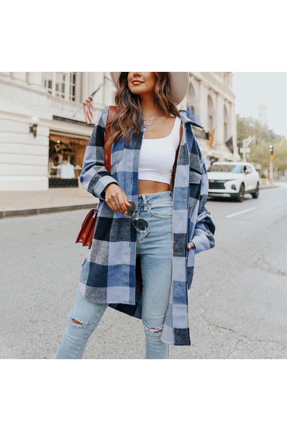 Womens Shacket Jacket Oversized Casual Flannel Plaid Wool Blend Button Down Shirt Coat Jackets Flannel Shirt Women,Blue-S