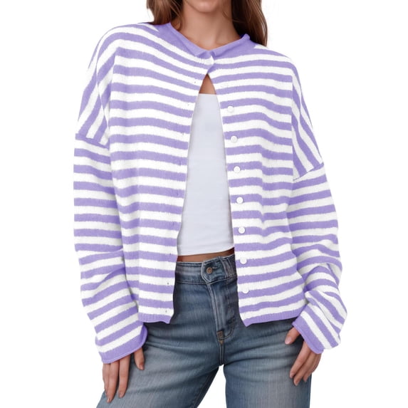 Dxzfnsa Womens Striped Sweaters Women's Casual Long Sleeve Open Front Button Down Cardigans Loose Knit Lightweight Sweaters