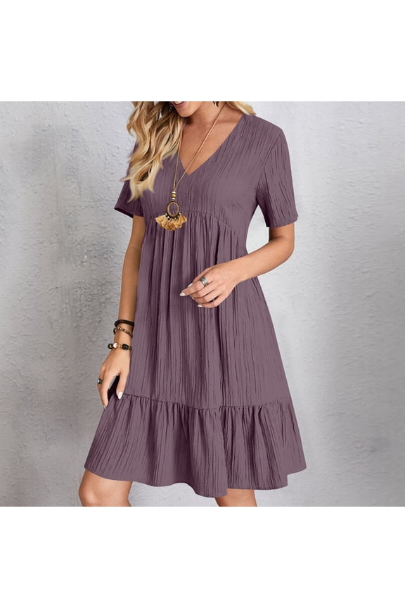 Womens Summer Dresses Women's Solid Color V-Neck Flutter Sleeve Flowy Short Dresses Casual Mini Dress A-Line Ruffle Tiered Swing Dresses