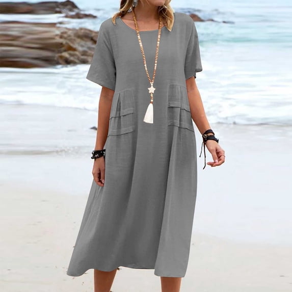 Dxzfnsa Womens Summer Midi Dresses Women's Casual Short Sleeve A-Line Cotton Linen Dresses Flowly Solid Color Beach Tunic Sundresses with Pockets