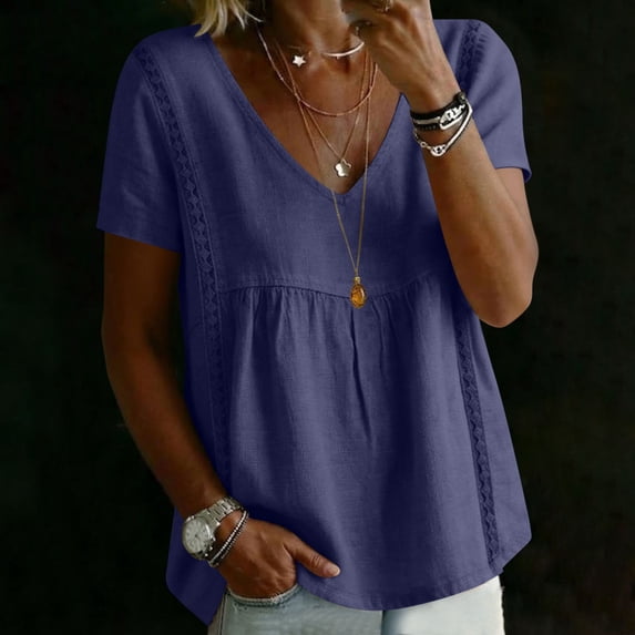 Dxzfnsa Womens Summer Tops Women's Lightweight V Neck Short Sleeve Shirts Plus Size Casual Solid Color Cotton Linen T-shirts