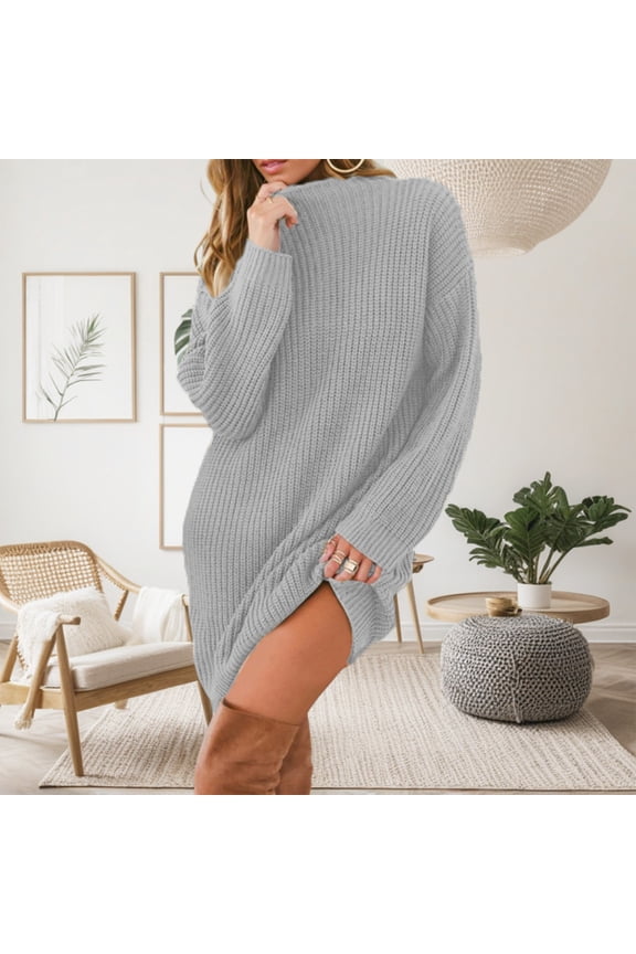 Womens Sweater Dresses Women's Casual Long Sleeve Solid Color Knitted Pullover Dresses Loose Semi High Neck Sweat Dresses