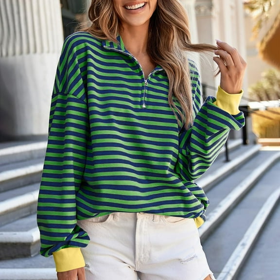 Dxzfnsa Womens Sweatshirts Womens Oversized Striped Color Block Sweatshirts Long Sleeve Half Zip Pullover Tops Fall Fashion Drop Shoulder Tops