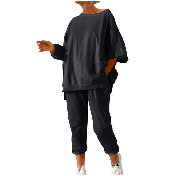 Dxzfnsa Womens Sweatsuits 2 piece Set Solid Color Oversized Sweatshirts Set with Pockets Tracksuit Travel Outfit Tracksuit S-3XL