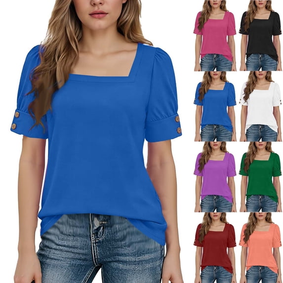 Dxzfnsa Womens Tops Summer Short Sleeve Shirts Square Neck Spring Outfits 2026 Dressy Casual Summer Vacation Clothing Blouses White-L