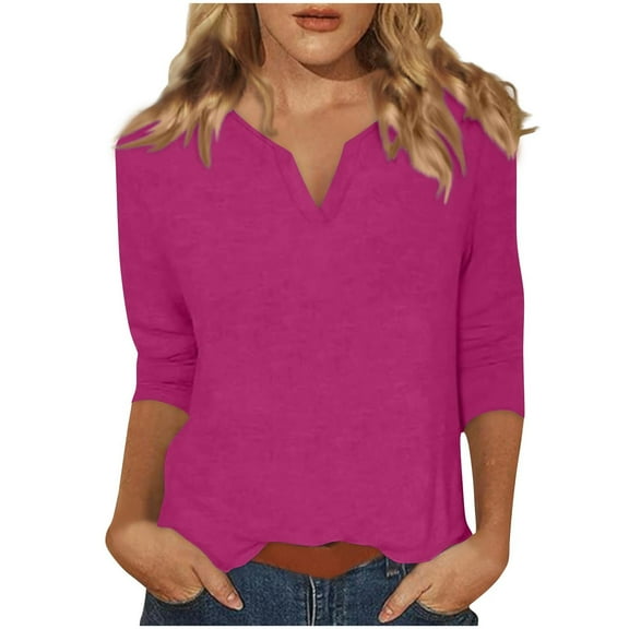 Dxzfnsa Womens V Neck 3/4 Sleeve T Shirts Casual Button Curved Hem Tunic Tops Basic Loose Fit Tees Fall Outfits 2025 S-2XL