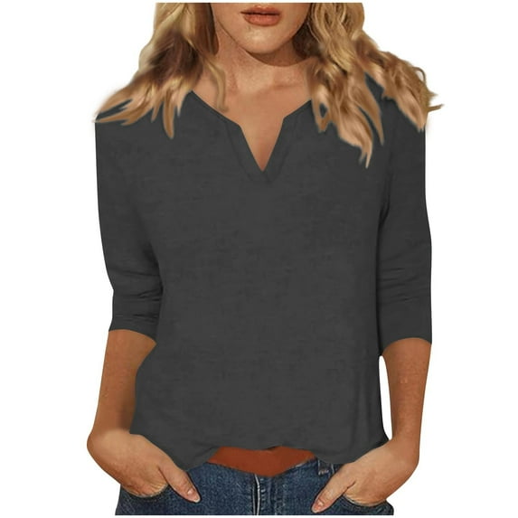 Dxzfnsa Womens V Neck 3/4 Sleeve T Shirts Casual Button Curved Hem Tunic Tops Basic Loose Fit Tees Fall Outfits 2025 S-2XL