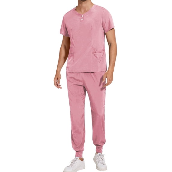 Dxzfnsa Workwear Uniform Sets for Men Casual Solid Color Quick Dry Nurse Sets Mens Button Short Sleeve Round-Neck Shirts Drawstring Pants Sets