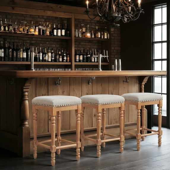 DyFun Bar Stools Set of 2, Counter Height, Linen Upholstered with Nailhead Trim, Rustic Solid Wood Frame for Kitchen & Home Bar