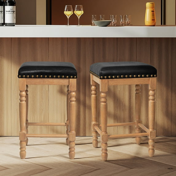 DyFun Bar Stools Set of 2, Counter Height, Waxed Leather with Nailhead Trim, Mid-Century Rustic Wood Frame for Kitchen Dining Room-Black