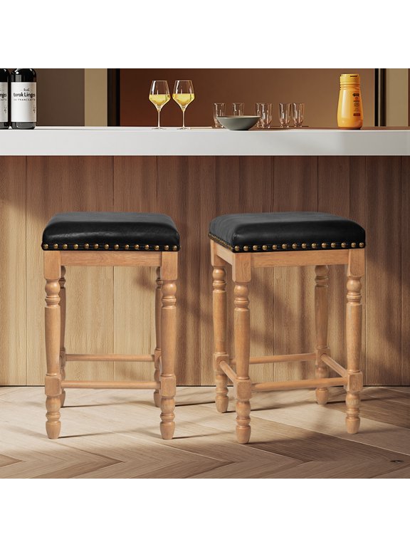 Bar Stools Set of 2, Counter Height, Waxed Leather with Nailhead Trim, Mid-Century Rustic Wood Frame for Kitchen Dining Room-Black