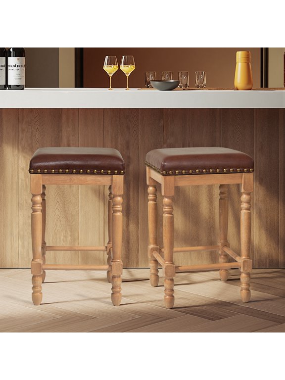 Bar Stools Set of 2, Counter Height, Waxed Leather with Nailhead Trim, Mid-Century Rustic Wood Frame for Kitchen Dining Room-Brown