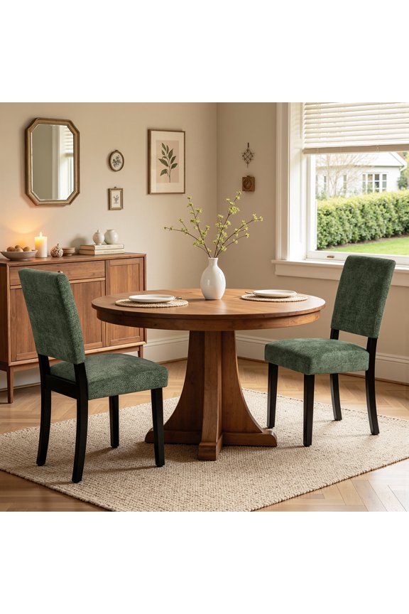 Chenille Upholstered Dining Chairs Set of 2, Open-Back Parsons Chairs with Adjustable Leveling Feet for Kitchen Dining Room, Green