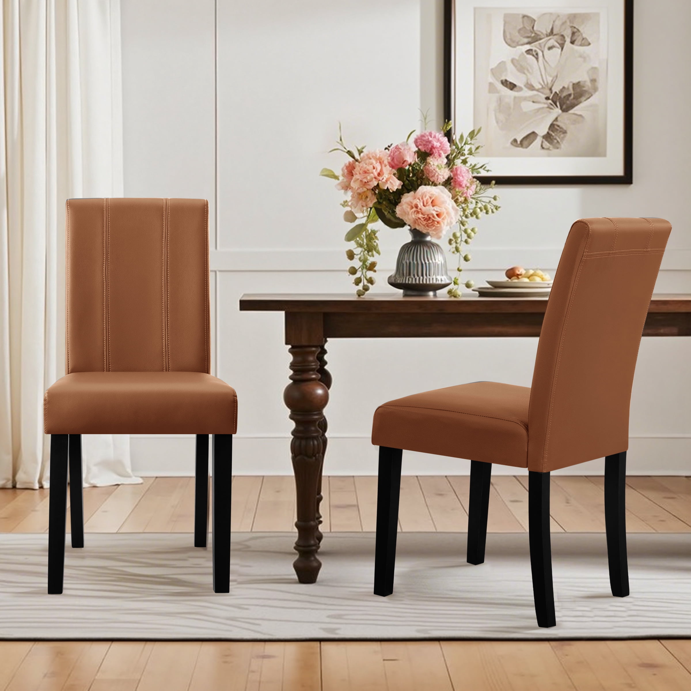 DyFun Faux Leather Dining Chairs Set of 4, Upholstered Parsons Chairs for Kitchen Dining Room or Breakfast Nook, Light Brown