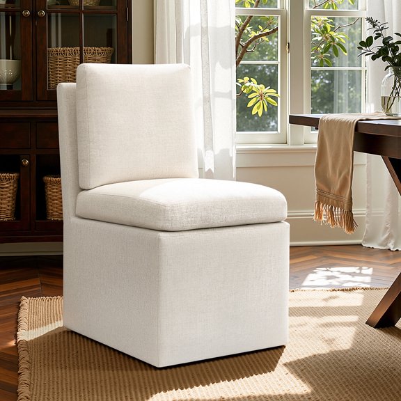 DyFun Linen Upholstered Dining Chair with Hidden Wheels, Fully Assembled Modern Armless Accent Chair (Linen color,Style B)