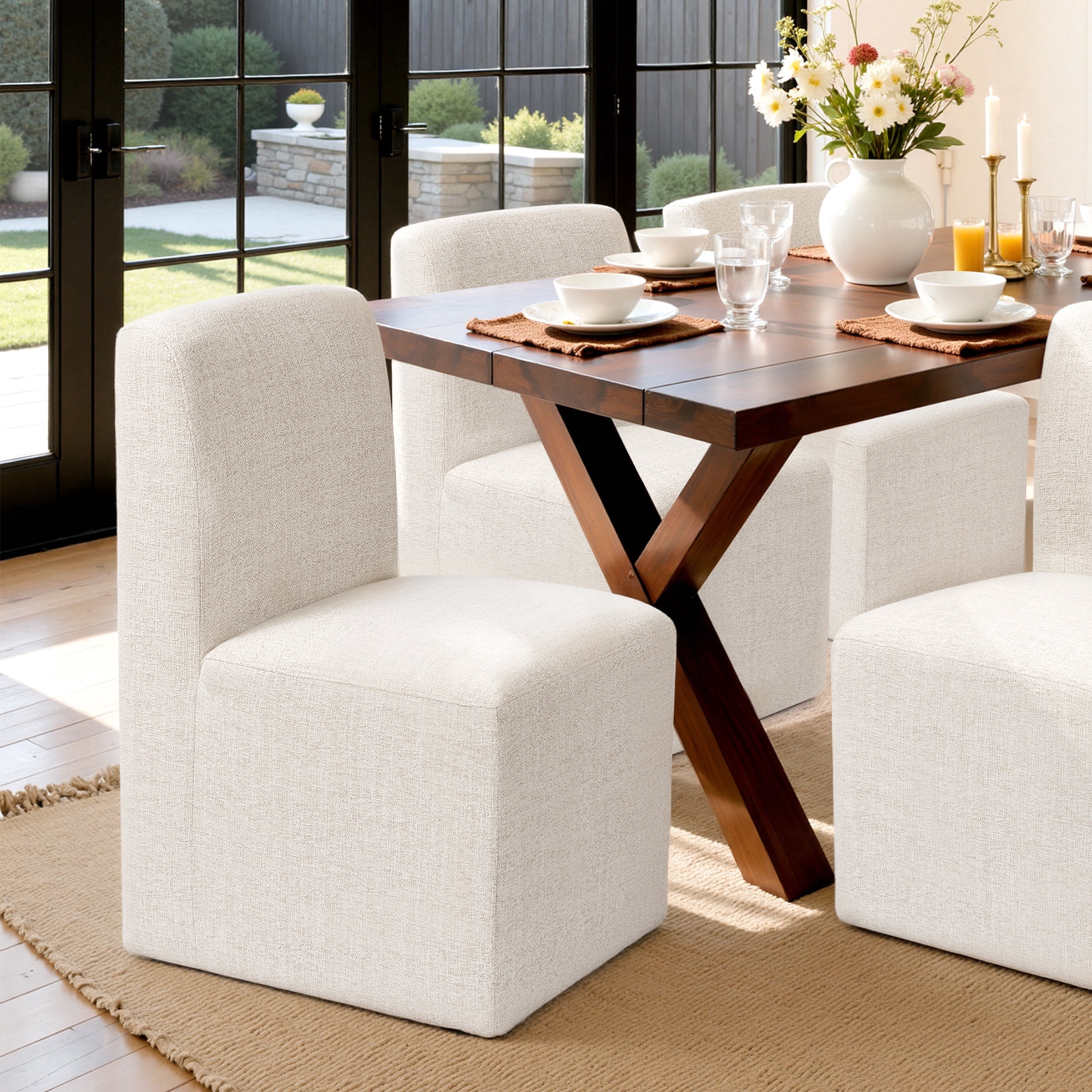 DyFun Modern Linen Upholstered Dining Chair with Silent Wheels, No Assembly, Rolling Design for Dining Room or Home Office, Linen