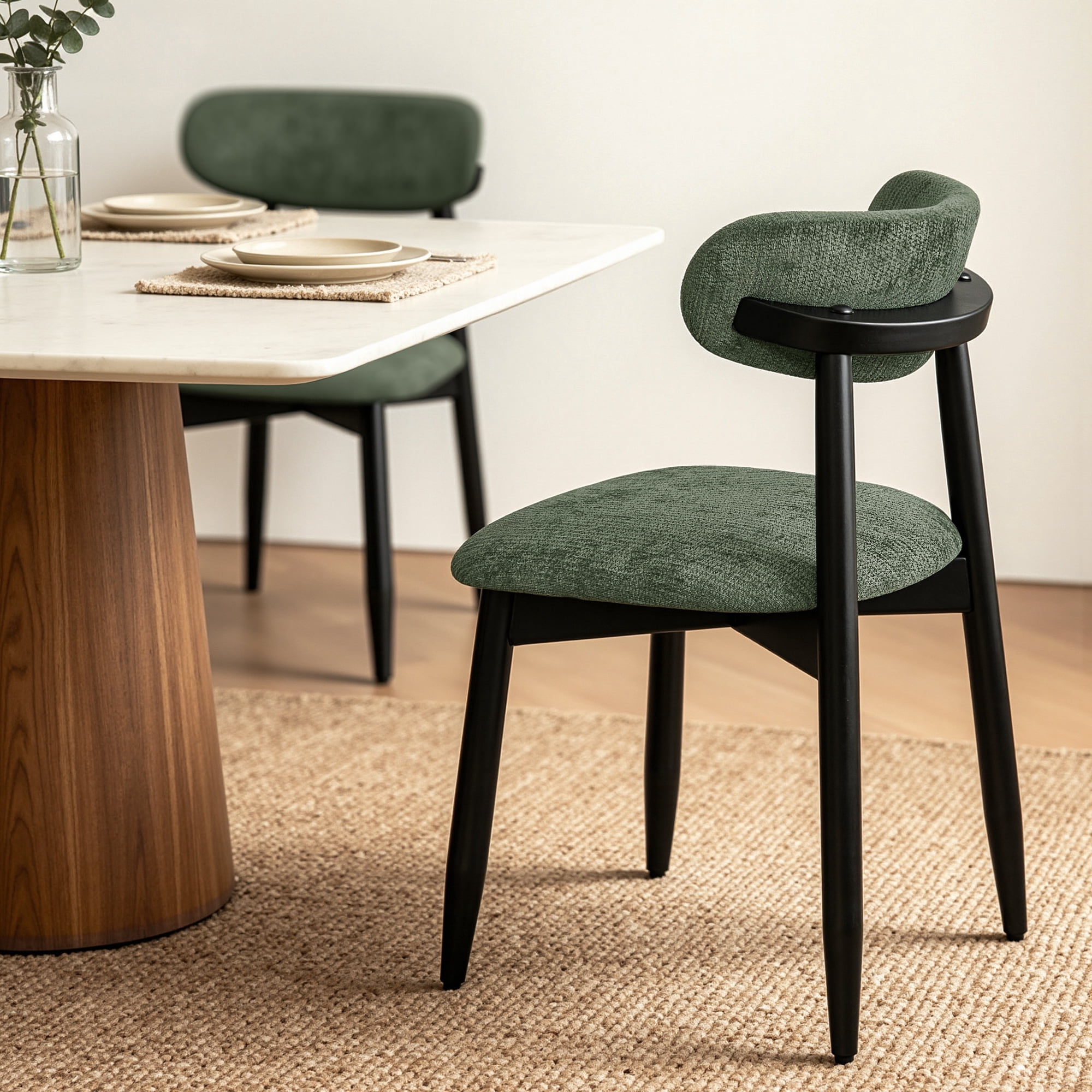 DyFun Upholstered Chenille Dining Chairs Set of 2, Solid Wooden Dining Chairs with Curved Back, Green