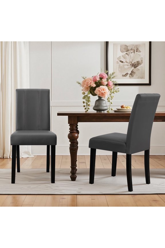 Modern Upholstered Dining Chairs Set of 2, Faux Leather Parsons Side Chairs with Upgraded Cushion for Dining Room, Gray