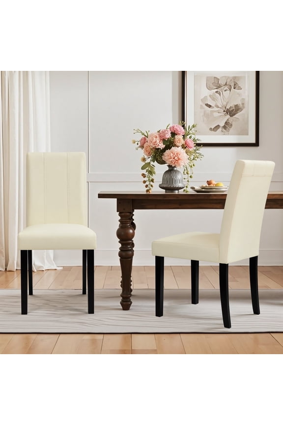 Upholstered Dining Chairs Set of 2, Faux Leather Parsons Side Chairs with Upgraded Cushion for Dining Room, Ivory