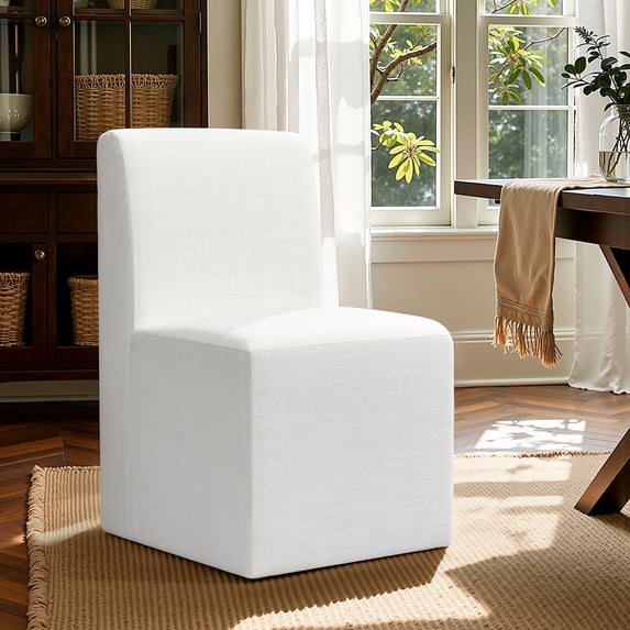 DyFun Upholstered Linen Dining Chair Set of 2 with Wheels, No Assembly Required, Modern Armless Accent Chair for Dining Room or Kitchen (White, Style C)