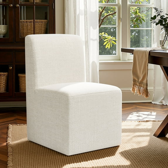 DyFun Upholstered Linen Dining Chair Set of 4 with Wheels, No Assembly Required, Modern Armless Accent Chair for Dining Room or Kitchen (Beige,Style C)