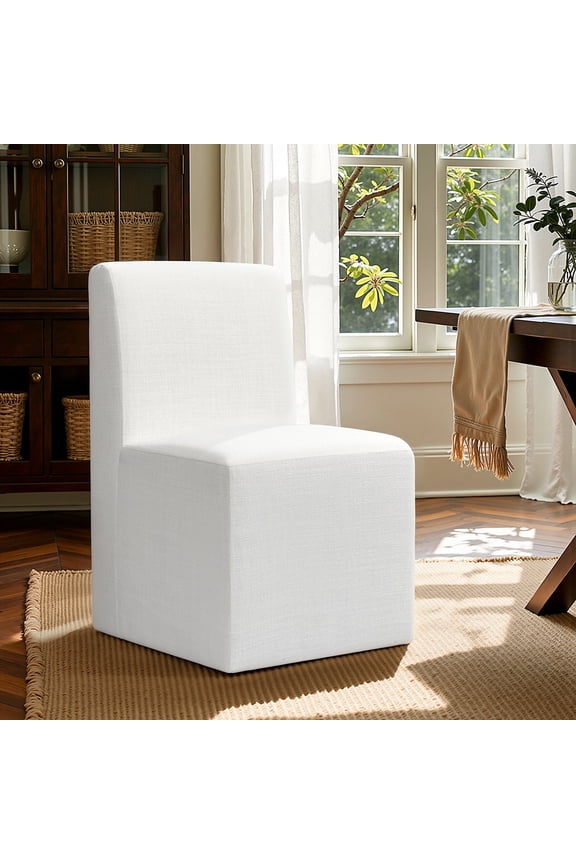 Upholstered Linen Dining Chair with Wheels, No Assembly Required, Modern Armless Accent Chair for Dining Room or Kitchen (White, Style C)
