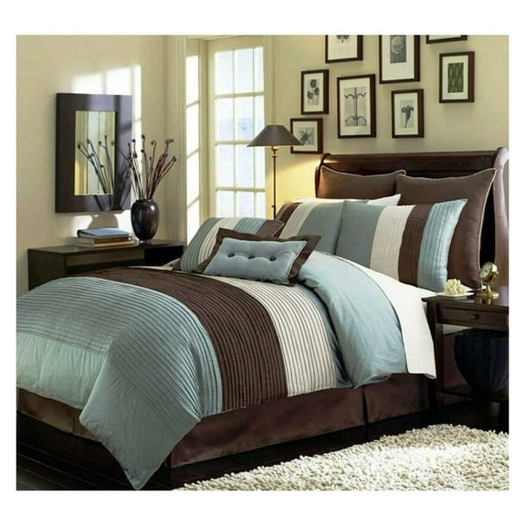 DyGTyX 8-Piece Blue Brown Beige Pleated Stripe Comforter Set Full Size Bedding Set