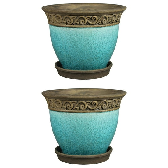 DyGTyX Cadiz 8in Diameter Crackled Glazed Ceramic Indoor Outdoor Garden Planter Pot Urn w/Saucer for Flowers, , & Plants, Teal (2 Pack)