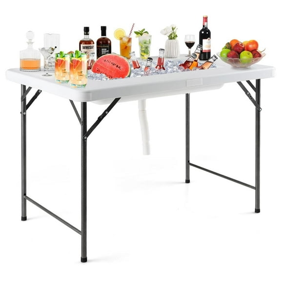 DyGTyX Folding Ice Cooler Table with Drain and Skirt, Foldable Beverage Cooler Table Buffet Salad Cooler Server with Edge, Portable Chill Table for Party, Wedding, Picnic, Camping
