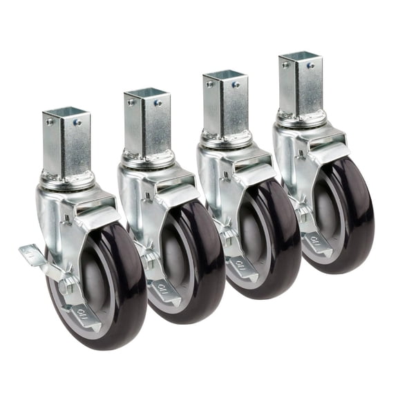 DyGTyX Metal 28-172S Set of (4) 1" Square Post Shelving Casters with Locking Wheels, 5" Diameter (Raises Height 6")