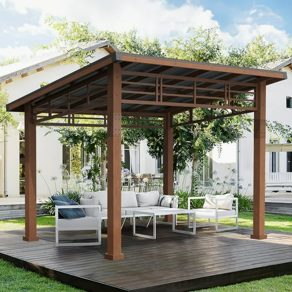 Dycanpo 10'x12' Hardtop Lean to Gazebo, Outdoor Pergola Metal Roof with Wooden Frame, Brown Wood