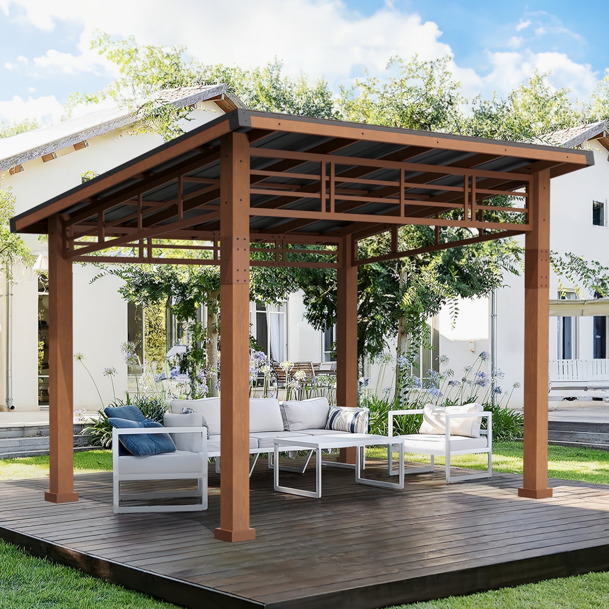 Dycanpo 10x12 Hardtop Lean to Gazebo, Outdoor Pergola Metal Roof with  Wooden Frame, Light Brown - Walmart.com, image size:2000x2000