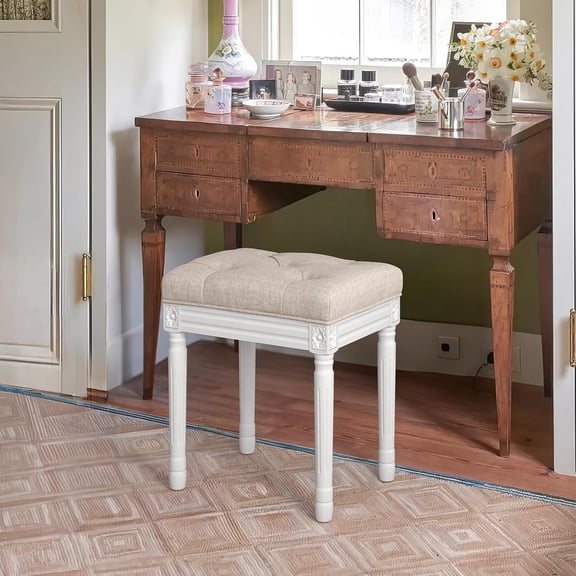 Dycanpo 16" Vintage Vanity Stool, Button Tufted Upholstered, Solid Wood Legs, Linen White