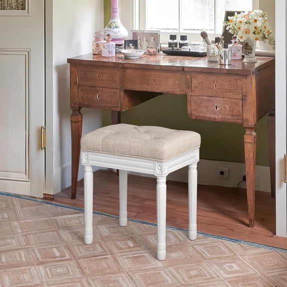 Dycanpo 16" Vintage Vanity Stool, Button Tufted Upholstered, Solid Wood Legs, Linen White