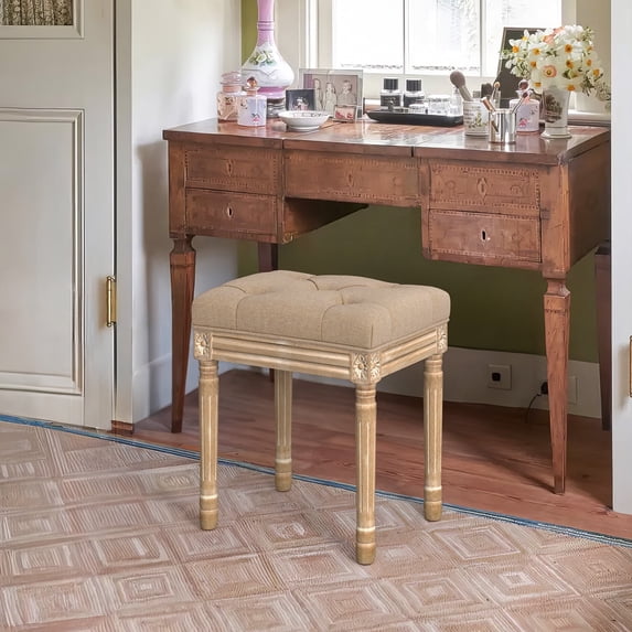 Dycanpo 16" Vintage Vanity Stool, Button Tufted Upholstered, Solid Wood Legs, Wheat