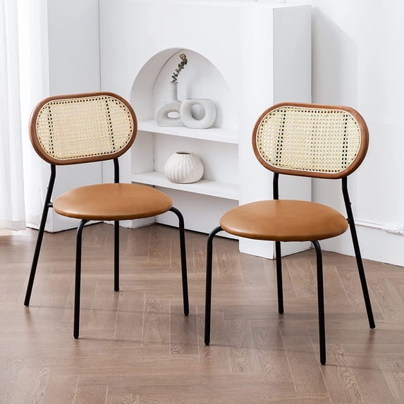Dycanpo 18" Faux Leather Rattan Dining Chairs Set of 2 with Metal Legs, Modern Whiskey Brown