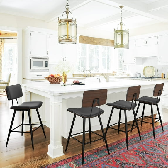 Dycanpo 24.5'' Bentwood Counter Height Chairs Set of 2, PU Leather Upholstered Bar Stools, Black