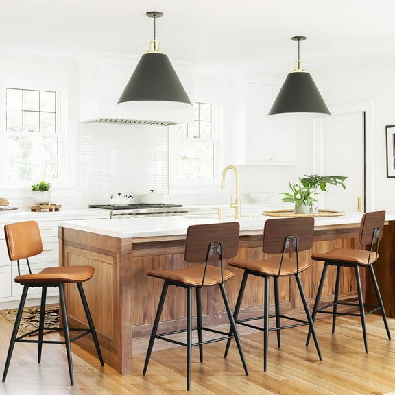 Dycanpo 24.5'' Bentwood Counter Height Chairs Set of 4, PU Leather Upholstered Bar Stools, Whiskey Brown