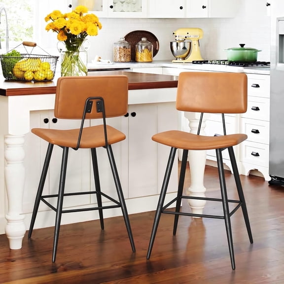 Dycanpo 24.5" Counter Height Bar Stools Set of 2, Faux Leather Upholstered Barstools, Brown