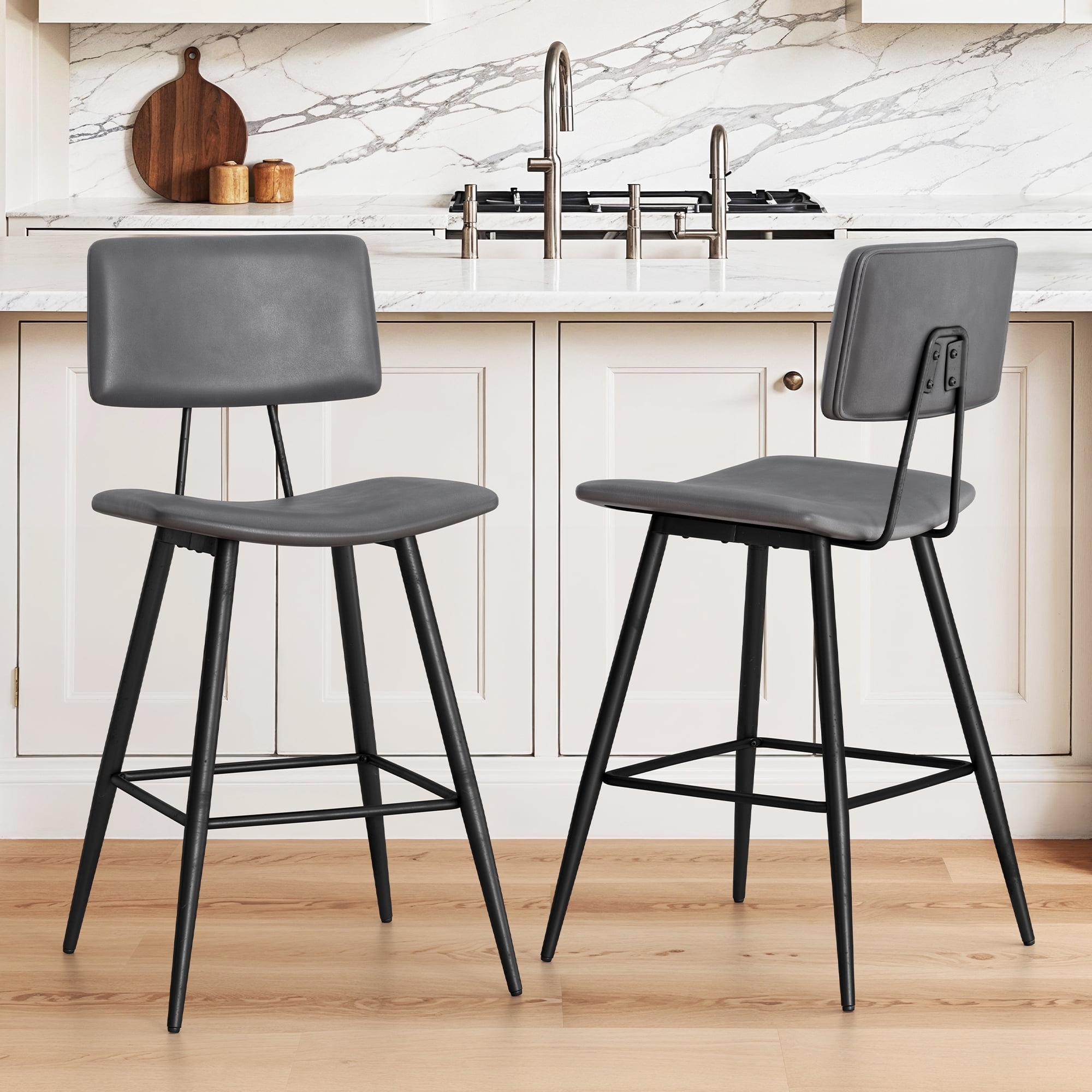 Gray Faux Leather Counter Height Bar Stools with Metal Frame, Set of 2