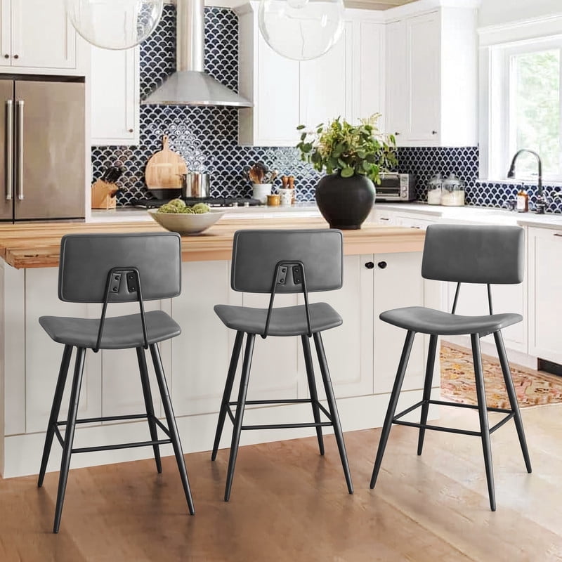 Dycanpo 24.5" Counter Height Bar Stools Set of 3, Faux Leather Upholstered Barstools, Gray