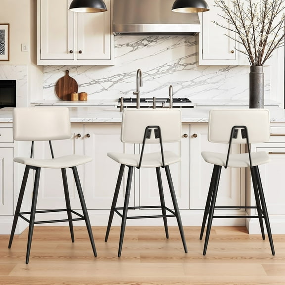 Dycanpo 24.5" Counter Height Bar Stools Set of 3, Faux Leather Upholstered Barstools, White