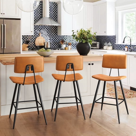 Dycanpo 24.5"H Counter Height Bar Stools Set of 3, Faux Leather Upholstered Barstools, Whiskey Brown