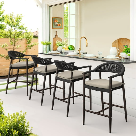 Dycanpo 24.8''H Outdoor Bar Stool Set of 4 with Removable Cushion, Boho Rattan for Patio,Pool, Black