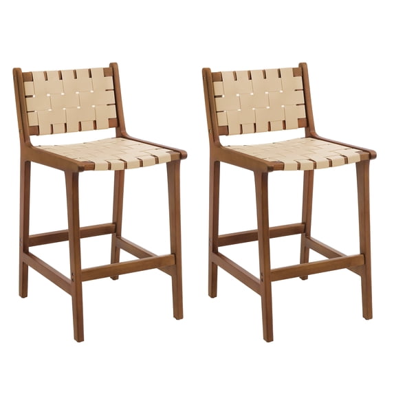 Dycanpo 24” Bar Stools Set of 2, Faux Leather Woven for Home Kitchen, Beige