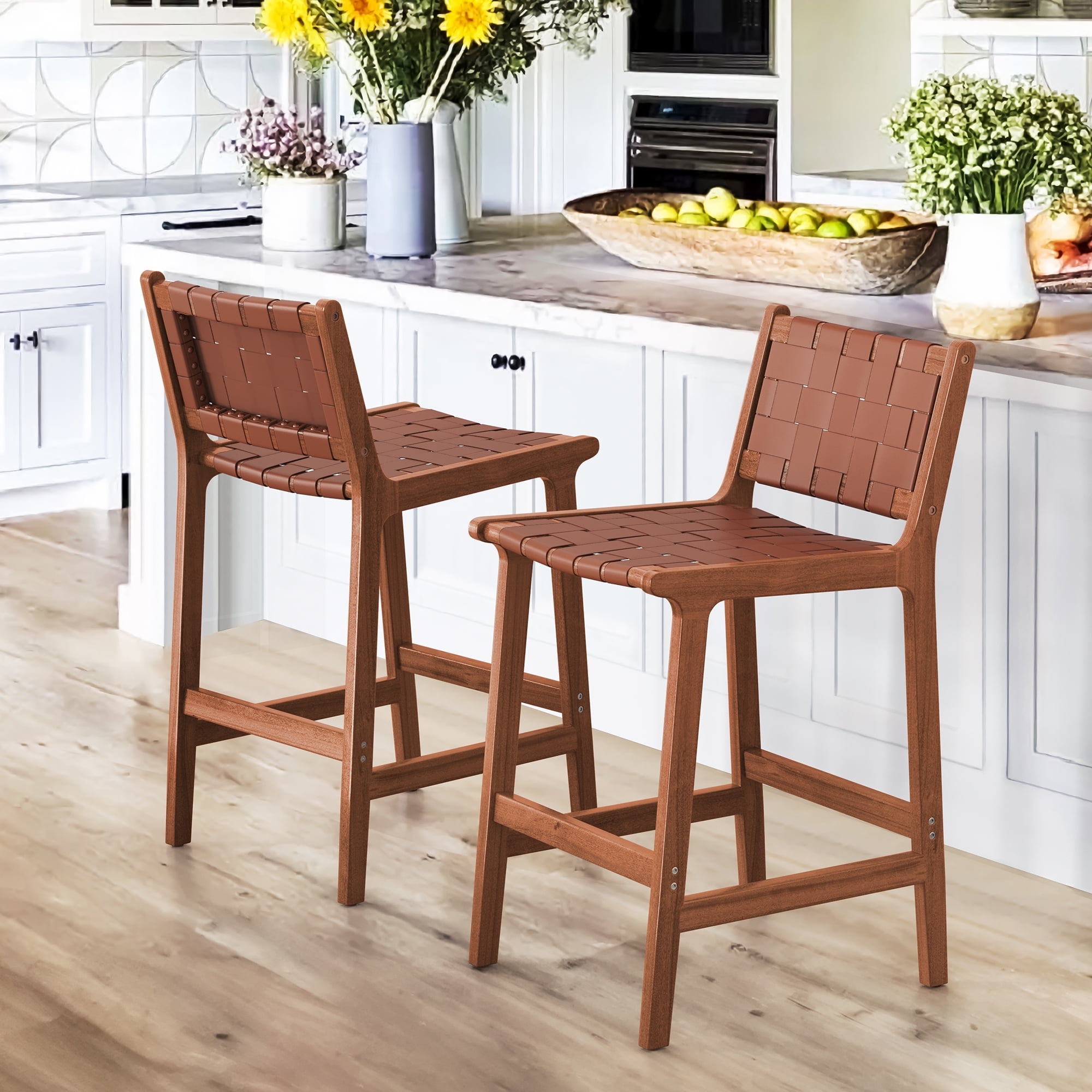 Dycanpo 24” Bar Stools Set of 2, Faux Leather Woven for Home