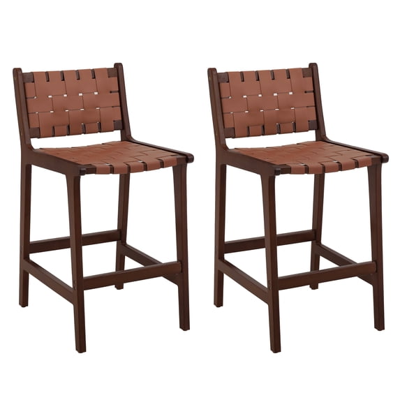 Dycanpo 24” Bar Stools Set of 2, Faux Leather Woven for Home Kitchen, Dark Brown