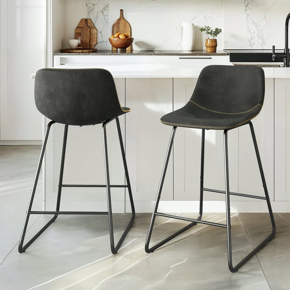 Dycanpo 24" Bar Stools Set of 2 with Back, Faux Leather, Metal Legs for Home Kitchen Island, Black