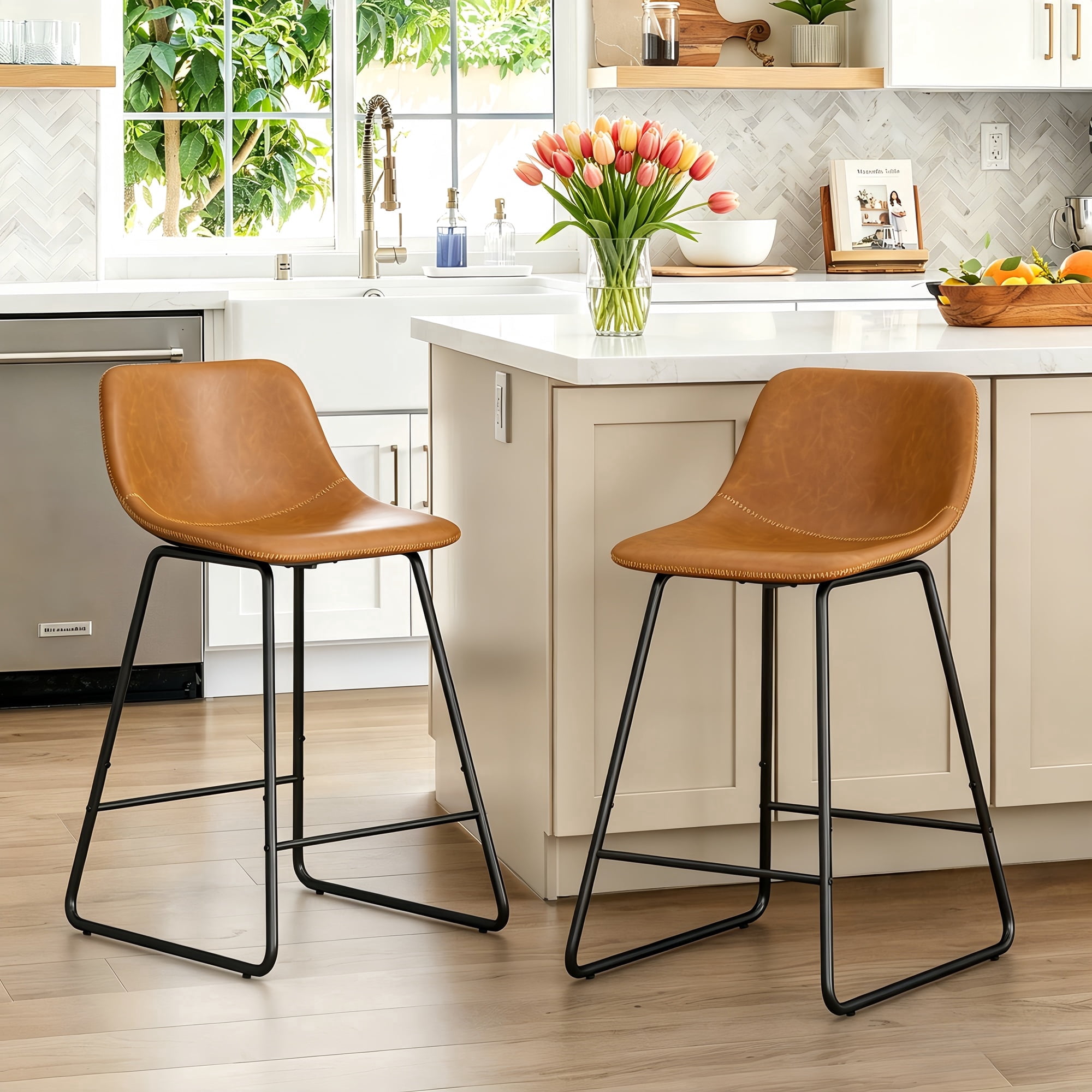 Dycanpo 24" Bar Stools Set of 2 with Back, Faux Leather for Home Kitchen Island, Whisky Brown