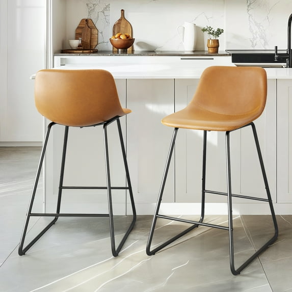 Dycanpo 24" Bar Stools Set of 2 with Back, Faux Leather for Home Kitchen Island, Whisky Brown